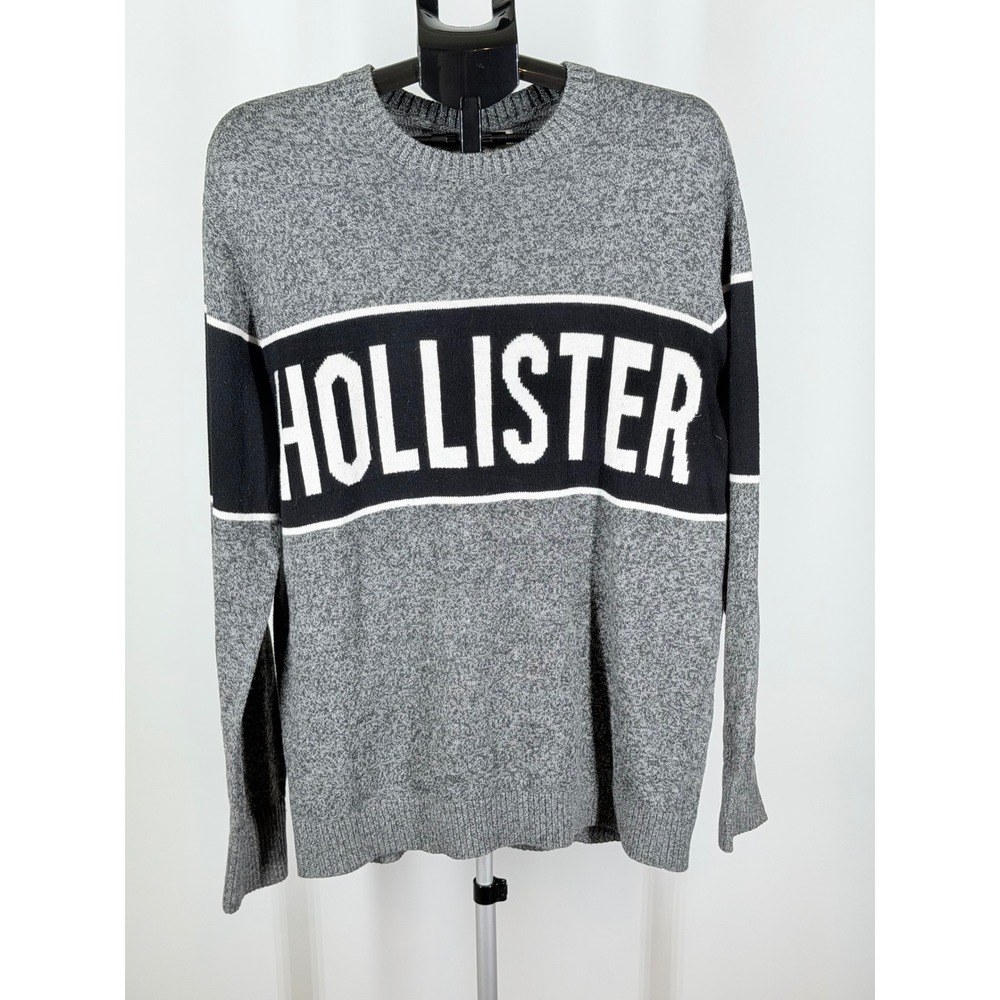 Hollister Mens XL Grey Black Stripe Graphic Crewneck Knit Sweater Long Sleeve